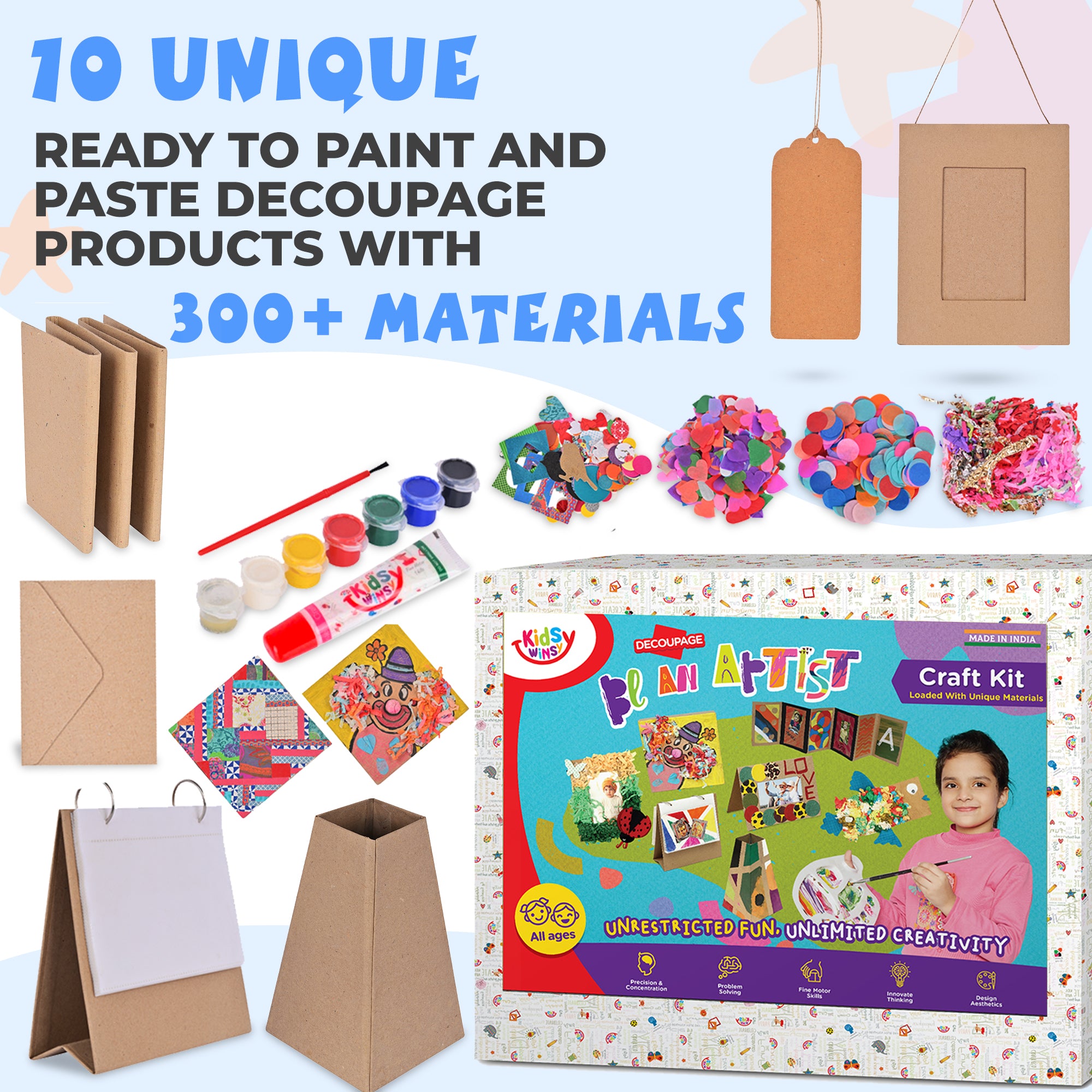 KidsyWinsy Be-an-Artist DIY Craft Kit, 10-in-1 Stationary Set for Kids,  300+ pcs Paper Craft Items for Decoration, Best Birthday Gift for Boys and